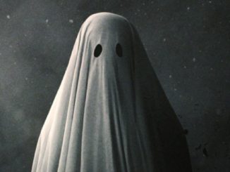 Poster art for 2017 film A Ghost Story featuring a figure draped in a white sheet with eye holes cut out