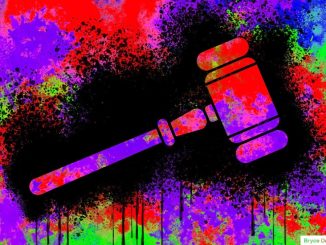 Concept illustration depicting messy litigation with an illustrated gavel on a multicolored background