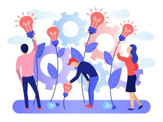 Image of a group of people collecting the fruits of plants in the form of a light bulb idea with gears in the background. 