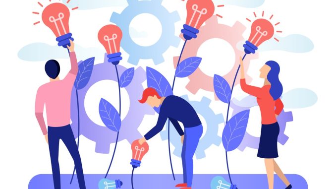 Image of a group of people collecting the fruits of plants in the form of a light bulb idea with gears in the background. 