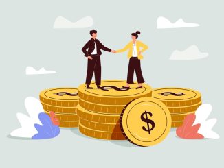 acquisition, startups, valuation. illustration shows two people standing on a stack of coins.