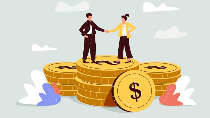 acquisition, startups, valuation. illustration shows two people standing on a stack of coins.