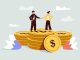 acquisition, startups, valuation. illustration shows two people standing on a stack of coins.