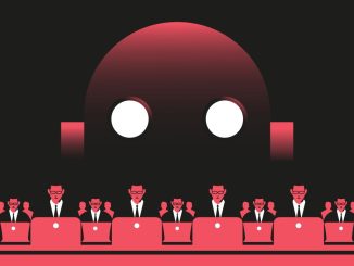 Enterprise, Employees at the computers and giant robot illustration