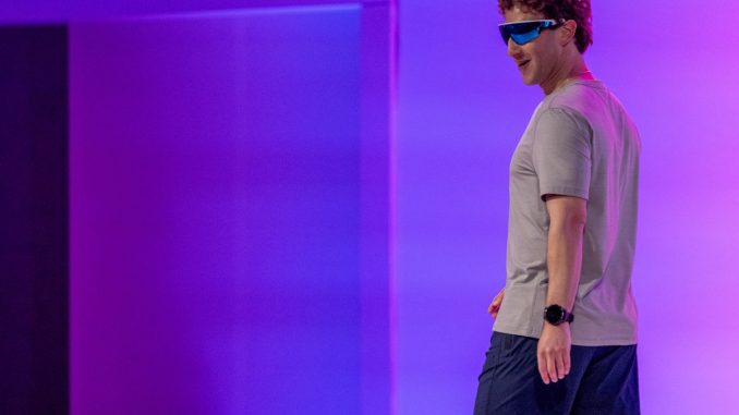 Mark Zuckerberg wears a pair of Meta Oakley Vanguard AI glasses during the Meta Connect event in Menlo Park, California, on Sept. 17, 2025.