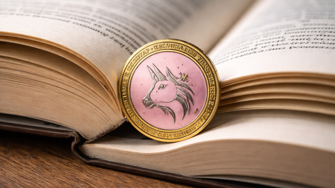 A cryptocurrency token featuring a unicorn emblem resting on the pages of an open book.