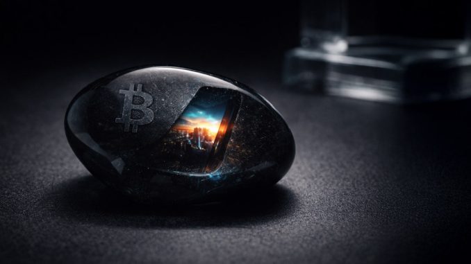 Bitcoin symbol embedded in a glossy stone revealing a hidden city image inside, representing a 66 kilobyte file concealed in a single transaction that bypassed popular blockchain filters