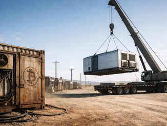 Crane lifting a modular data center beside a weathered Bitcoin mining container in a desert site, illustrating rising Bitcoin mining costs above $70,000 and Wall Street funding new infrastructure solutions