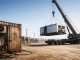 Crane lifting a modular data center beside a weathered Bitcoin mining container in a desert site, illustrating rising Bitcoin mining costs above $70,000 and Wall Street funding new infrastructure solutions