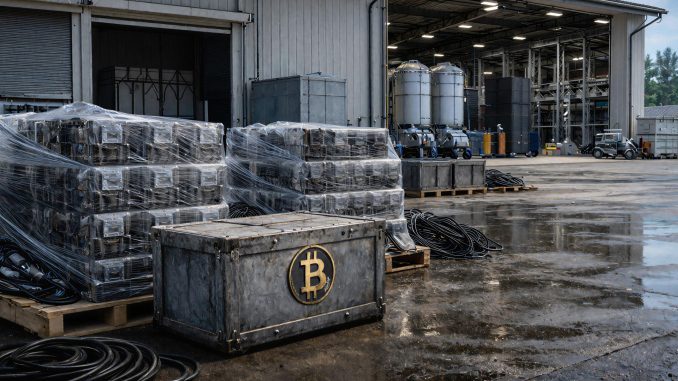 Bitcoin mining equipment stacked outside an industrial facility as operators pivot to AI, selling BTC and taking on debt to maintain liquidity