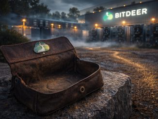 Empty leather wallet in front of a Bitdeer bitcoin mining facility at night, symbolizing Bitdeer selling its entire BTC stash