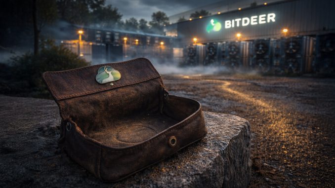 Empty leather wallet in front of a Bitdeer bitcoin mining facility at night, symbolizing Bitdeer selling its entire BTC stash