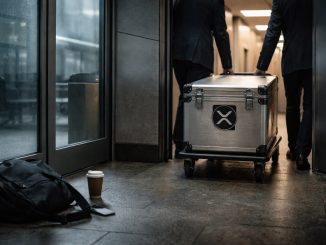 Two executives moving a secured XRP-branded case down a hallway, symbolizing a 78% collapse in XRP leverage while $1.4 billion in ETF inflows remains tied to Ripple’s expanding footprint