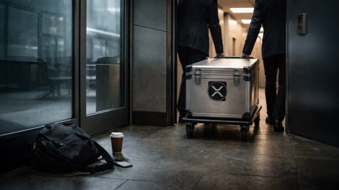 Two executives moving a secured XRP-branded case down a hallway, symbolizing a 78% collapse in XRP leverage while $1.4 billion in ETF inflows remains tied to Ripple’s expanding footprint