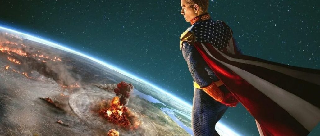 shot of Homelander (blond superhero) in near-Earth atmosphere watching bombs go off on the planet below.