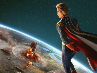 shot of Homelander (blond superhero) in near-Earth atmosphere watching bombs go off on the planet below.