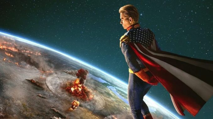 shot of Homelander (blond superhero) in near-Earth atmosphere watching bombs go off on the planet below.