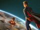shot of Homelander (blond superhero) in near-Earth atmosphere watching bombs go off on the planet below.