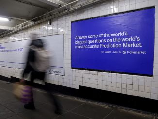 A Polymarket advertisement in a subway station in New York, US, on Thursday, Feb. 5, 2026. Kalshi and Polymarket, which have been assailed by critics for encouraging financial risk taking by making betting more accessible, are now using the promise of free groceries to win over New Yorkers.