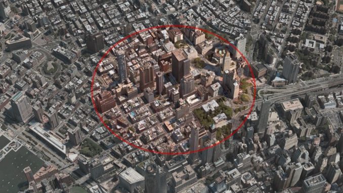 A red circle radius over New York City, representing a geofence warrant.