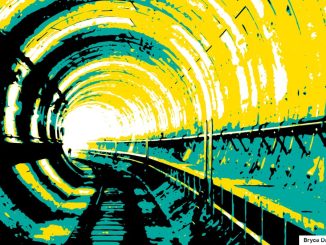 an illustration of an underground tunnel gong bending around a corner to the left using mostly green, yellow and black, with the light of the tunnel exit in the near distance