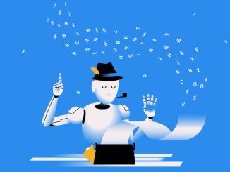 render of a robot typing on a typewriter.