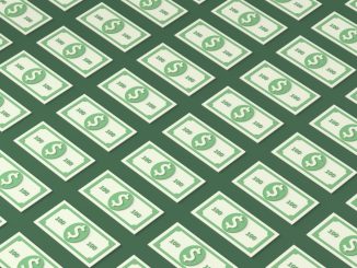 An illustration of patterned 100 dollar bills on a green background