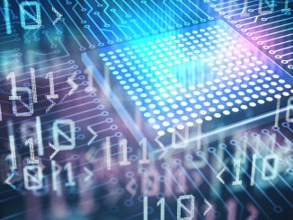 conceptual graphic of symbols representing quantum states floating above a stylized computer chip.