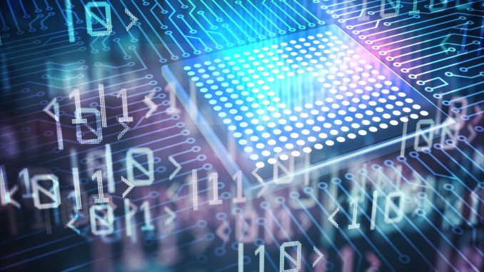 conceptual graphic of symbols representing quantum states floating above a stylized computer chip.