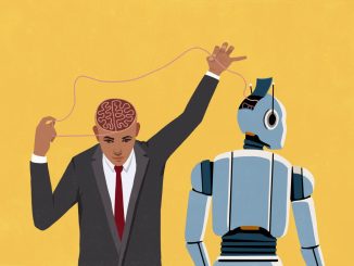 Businessman pulling at thread connecting his brain and open head of AI robot on yellow background