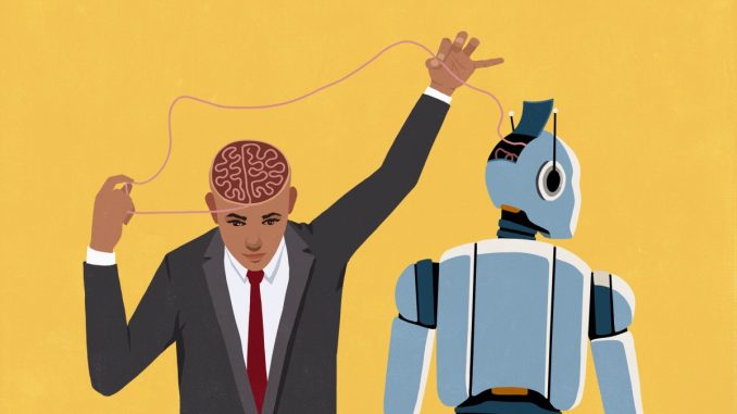 Businessman pulling at thread connecting his brain and open head of AI robot on yellow background