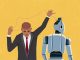 Businessman pulling at thread connecting his brain and open head of AI robot on yellow background