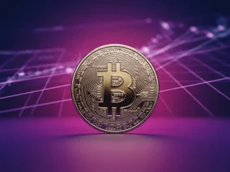 Bitcoin coin on purple gradient surface with geometric grid, symbolizing ETF institutional investment growth