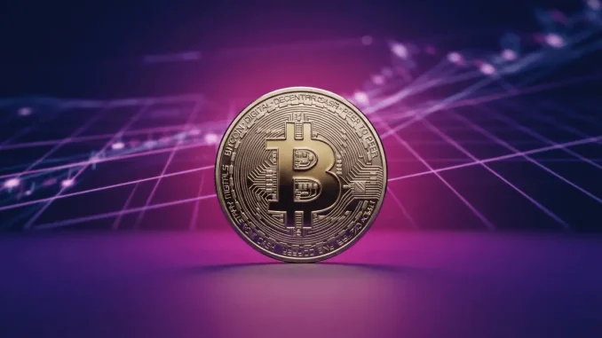 Bitcoin coin on purple gradient surface with geometric grid, symbolizing ETF institutional investment growth