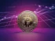 Bitcoin coin on purple gradient surface with geometric grid, symbolizing ETF institutional investment growth