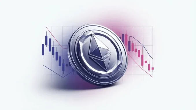 Ethereum coin with price chart grid showing consolidation pattern in purple and magenta gradient