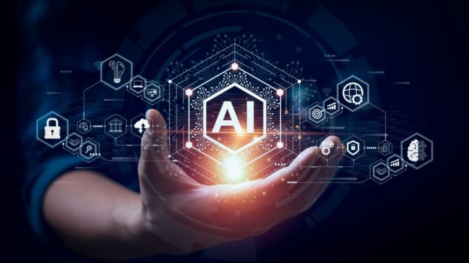 Businessman touching the brain working of Artificial Intelligence (AI) Automation, Predictive analytics, Customer service AI-powered chatbot, analyze customer data, business and technology
