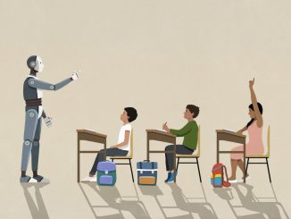 AI robot teaching schoolchildren at desks in classroom