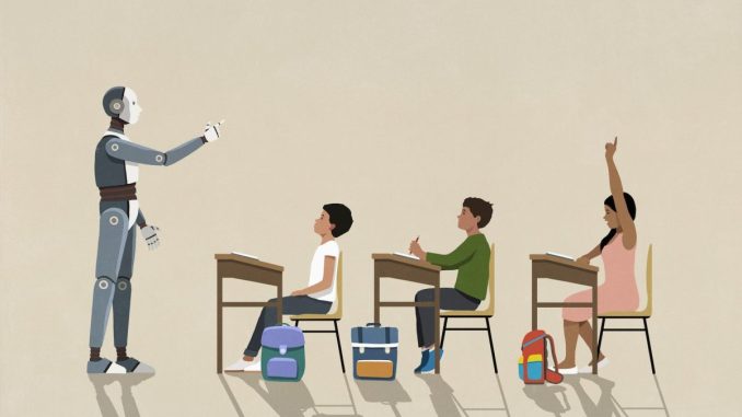 AI robot teaching schoolchildren at desks in classroom