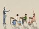 AI robot teaching schoolchildren at desks in classroom