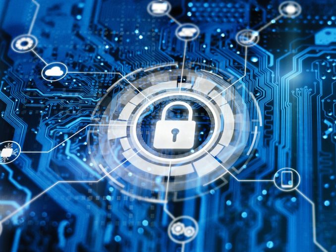 Lock in the middle of a network of applications illustrating cloud security