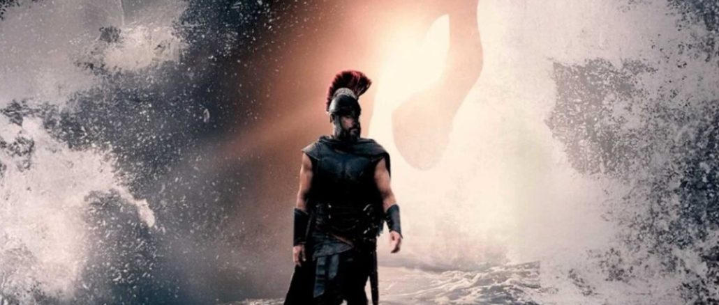 poster art showing an Ithacan soldier in full armor standing against a backdrop of sea spray and a giant rearing horse
