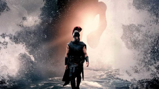 poster art showing an Ithacan soldier in full armor standing against a backdrop of sea spray and a giant rearing horse