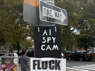 Photo of Flock protest signs in Arlington, Virginia.