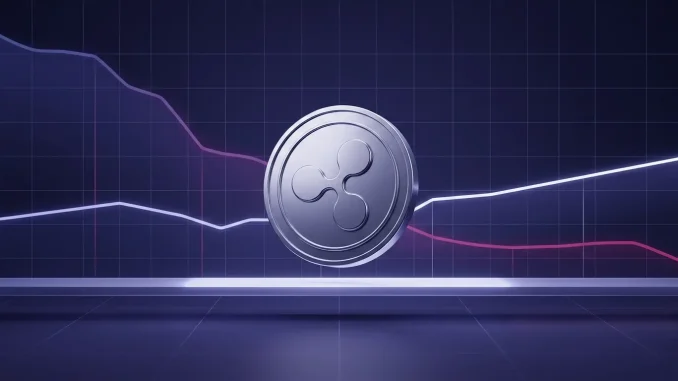 XRP-inspired coin holding above a glowing support platform as derivatives leverage resets